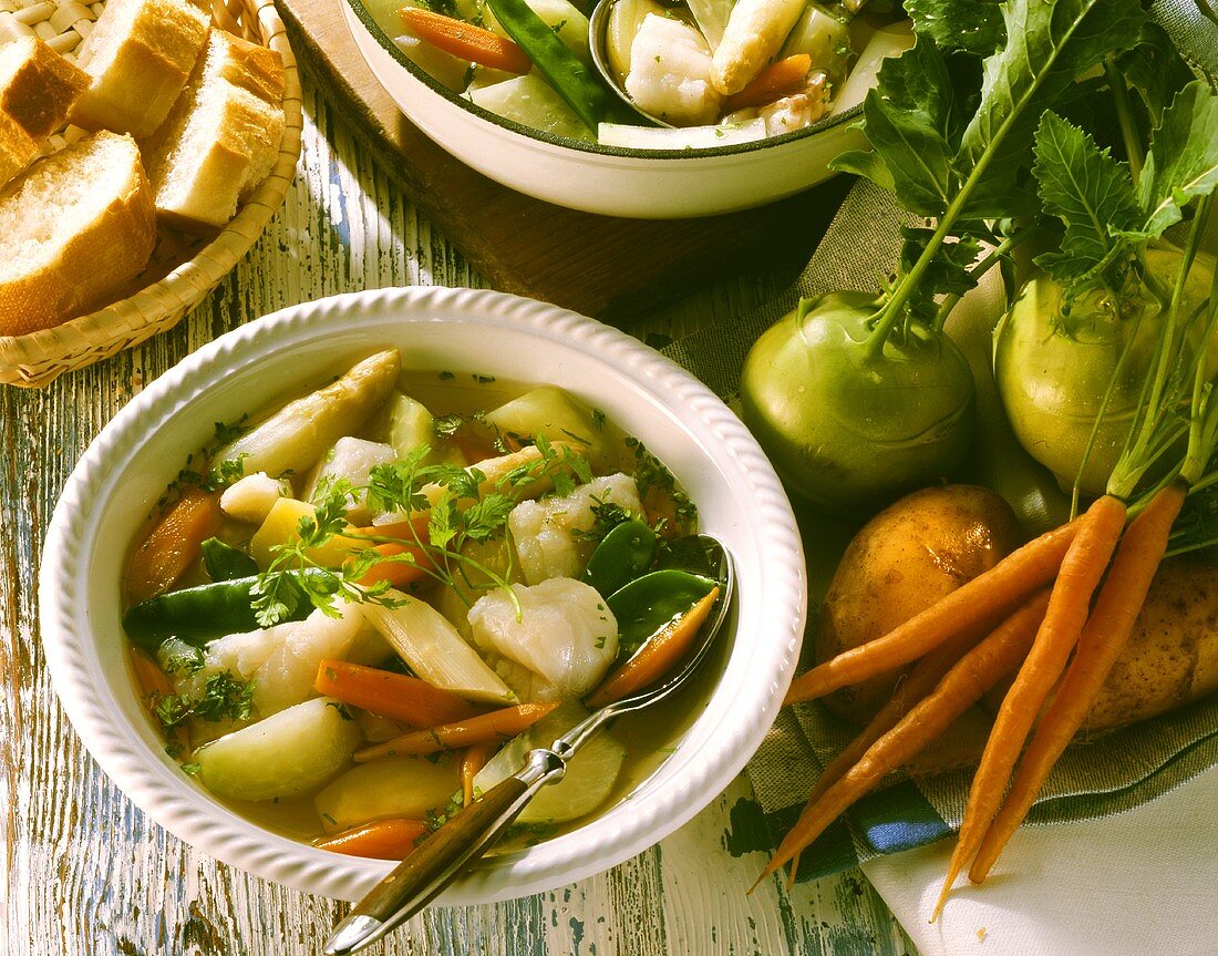 Fish stew with spring vegetables and chervil