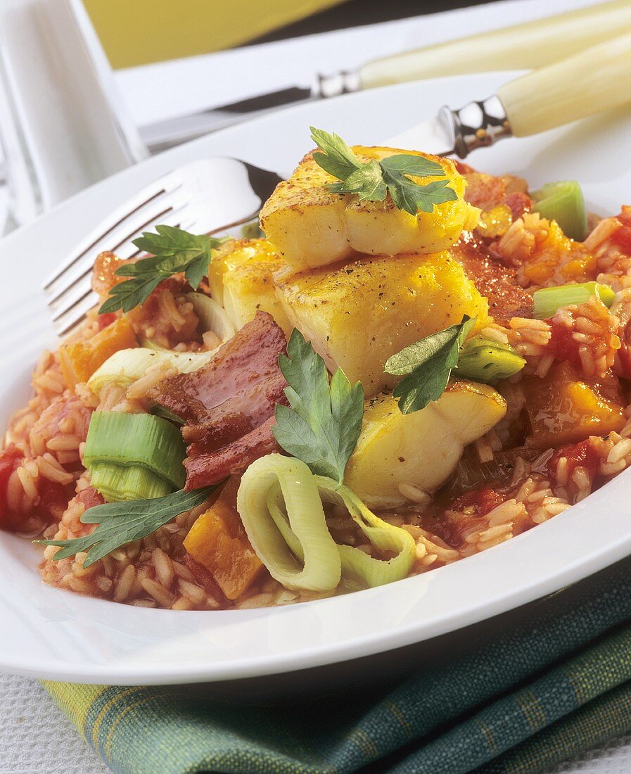 Kabeljau auf Tomatenreis mit Gemüse und Speck