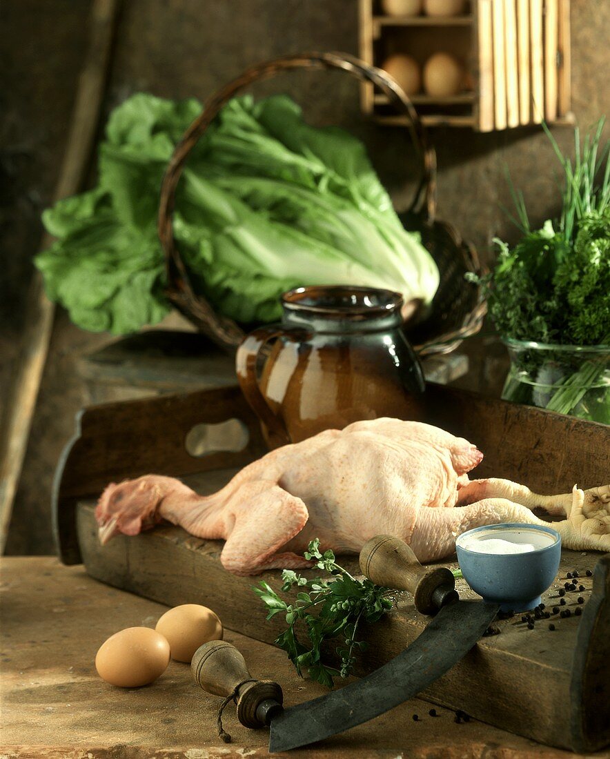 Still life with young chicken, herbs, eggs, lettuce