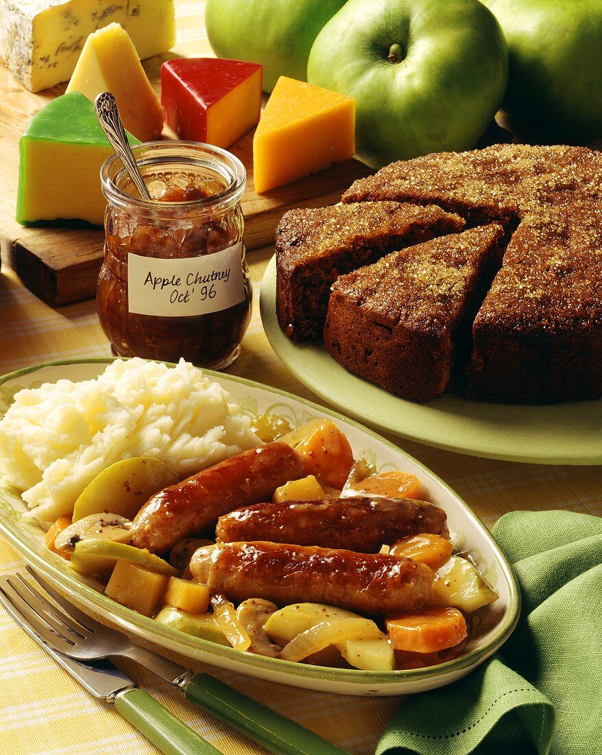 English menu with sausage, apple chutney, cheese and cake