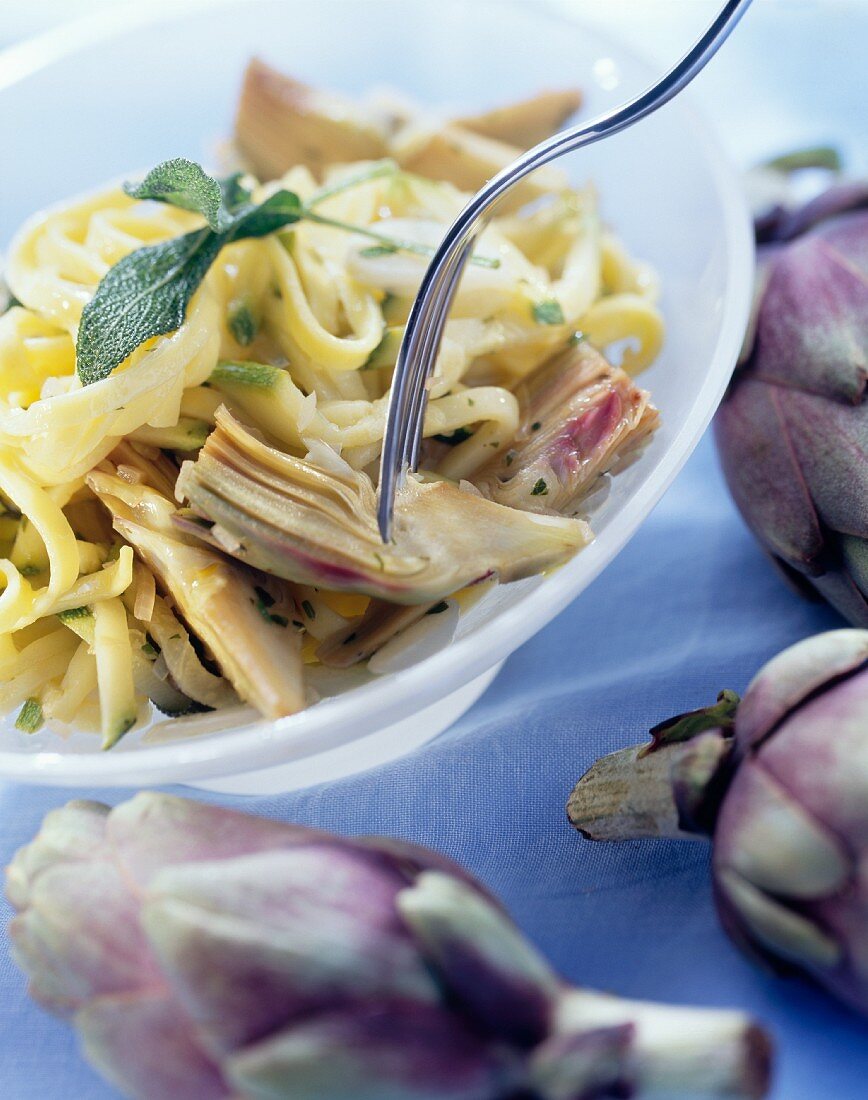 Pasta e carciofi (Ribbon pasta with artichokes, Italy)