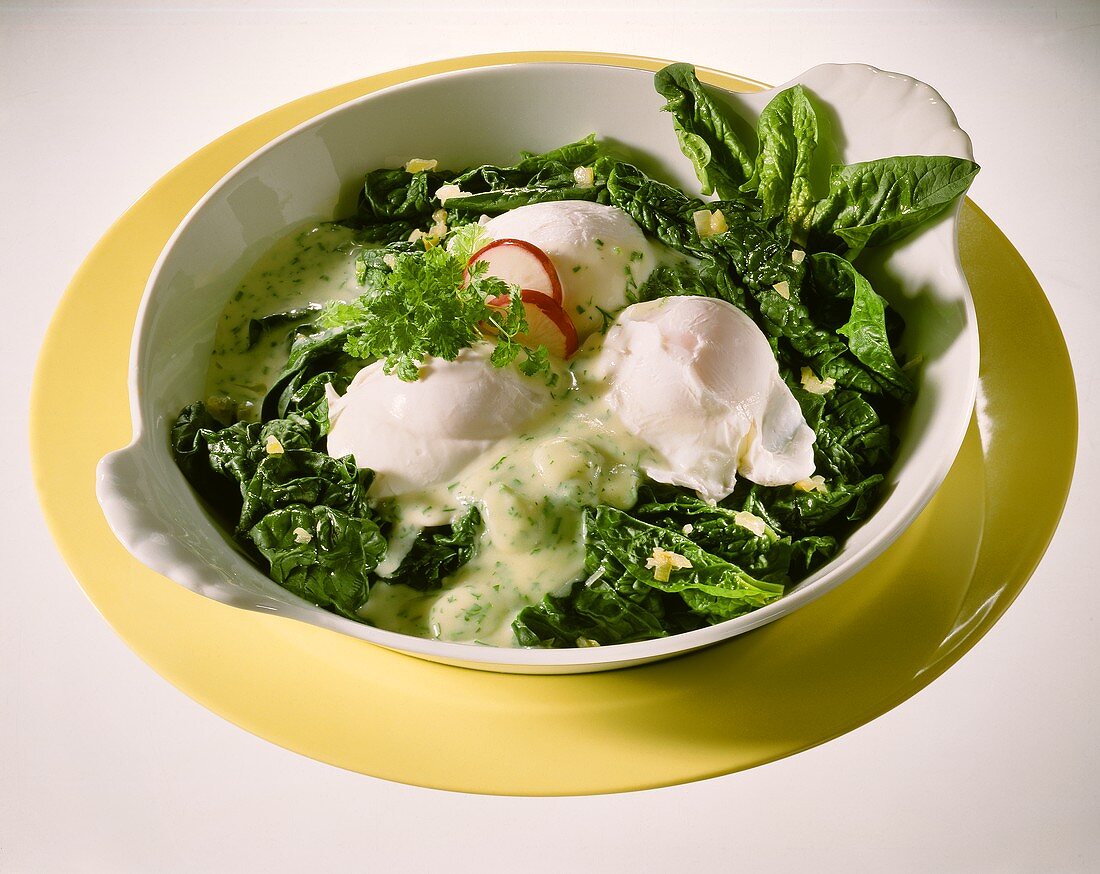 Poached eggs on spinach with herb sauce