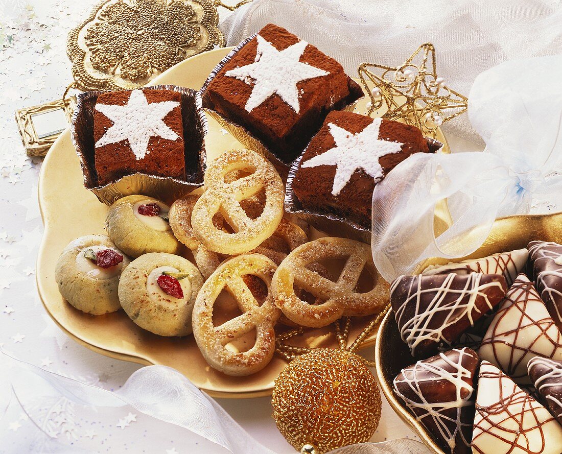 Christmas biscuits and brownies on gold bowl