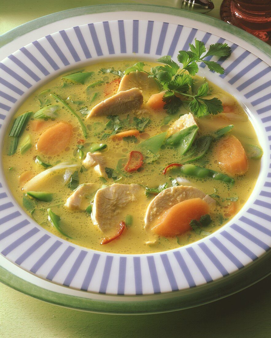 Gemüsesuppe mit Hähnchenbrust im Suppenteller