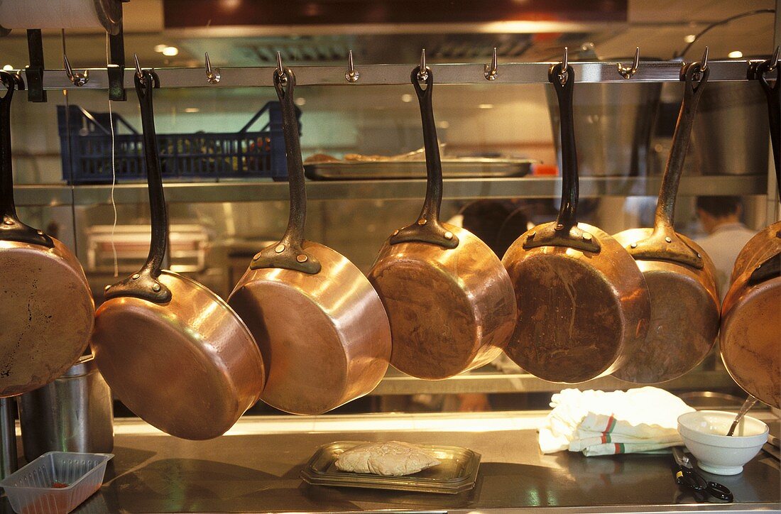 Copper Pans Hanging from Rack