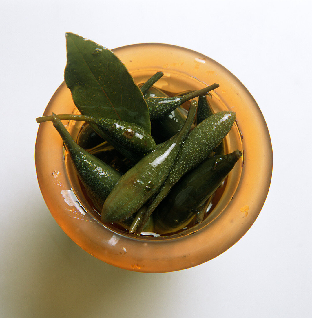 Kapernfrüchte in Olivenöl im Schälchen