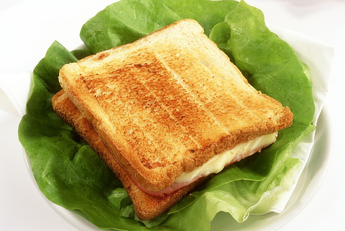 Croque Monsieur (ham and cheese on toast) on lettuce leaf