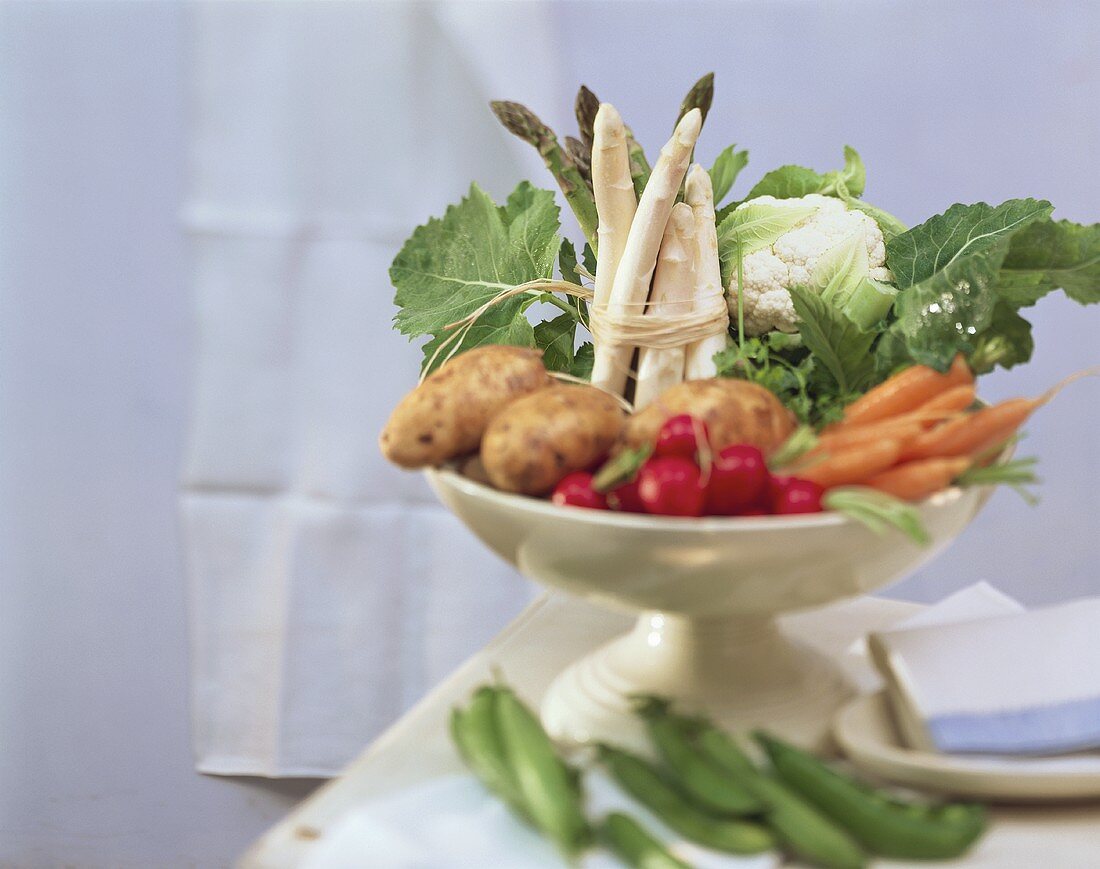 Vegetables in white bowl (potatoes, carrots, asparagus)