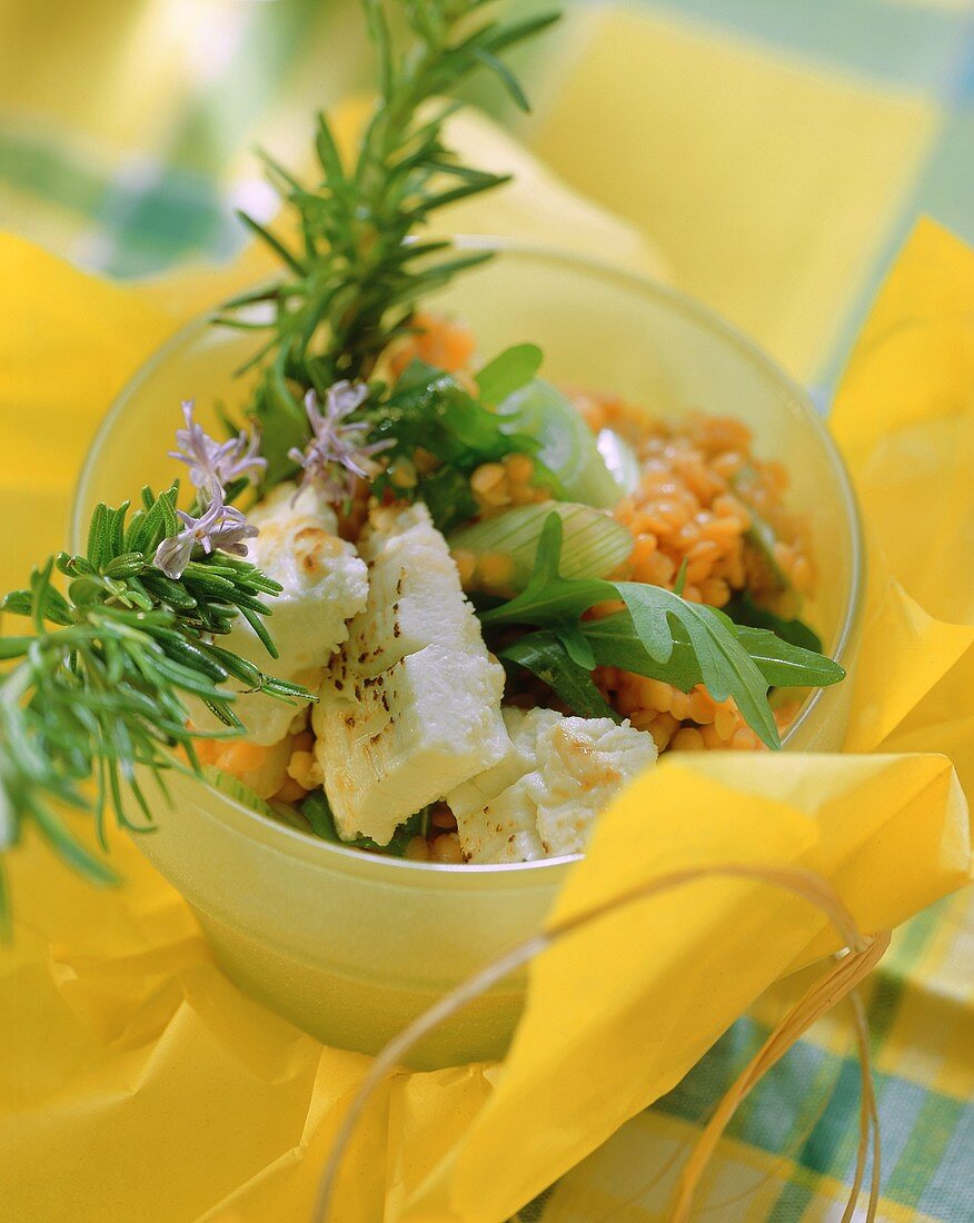 Rote-Linsen-Rucola-Salat mit warmem Ziegenkäse, Rosmarin