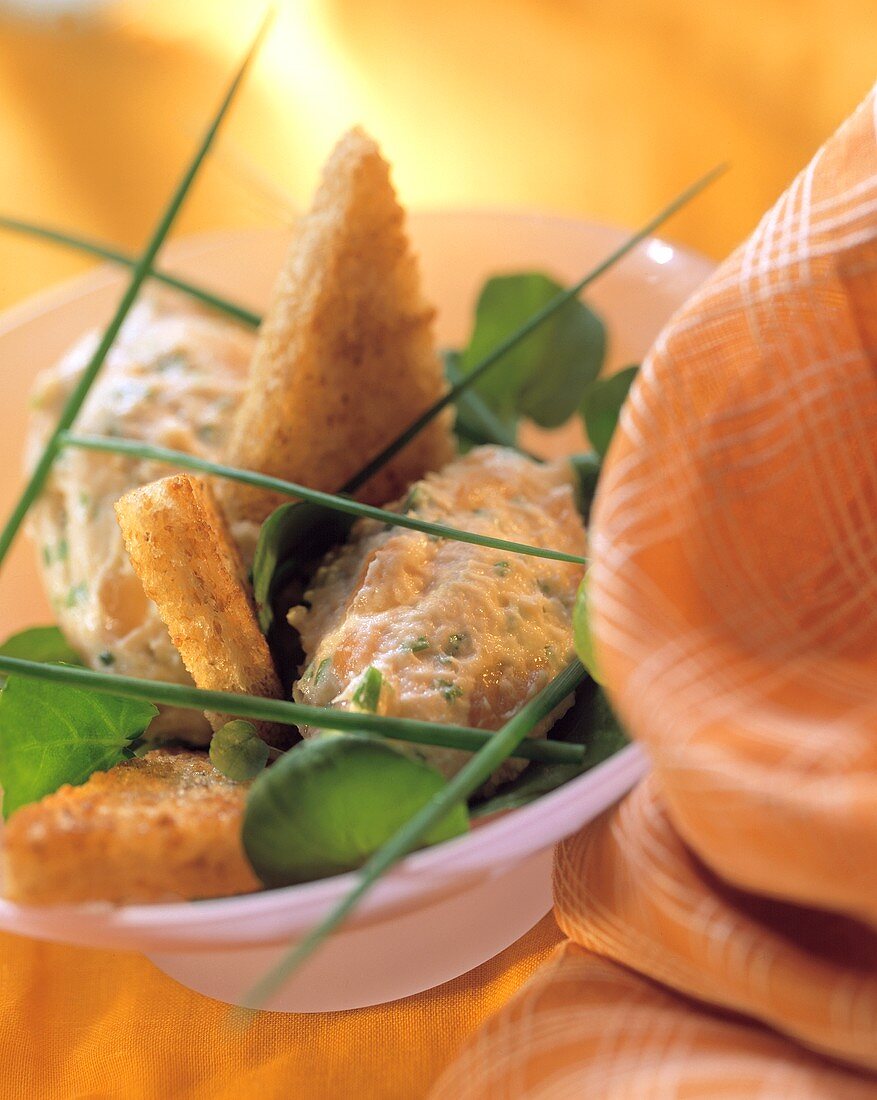 Lachsmousse mit Toastecken und Kräutern im Schälchen