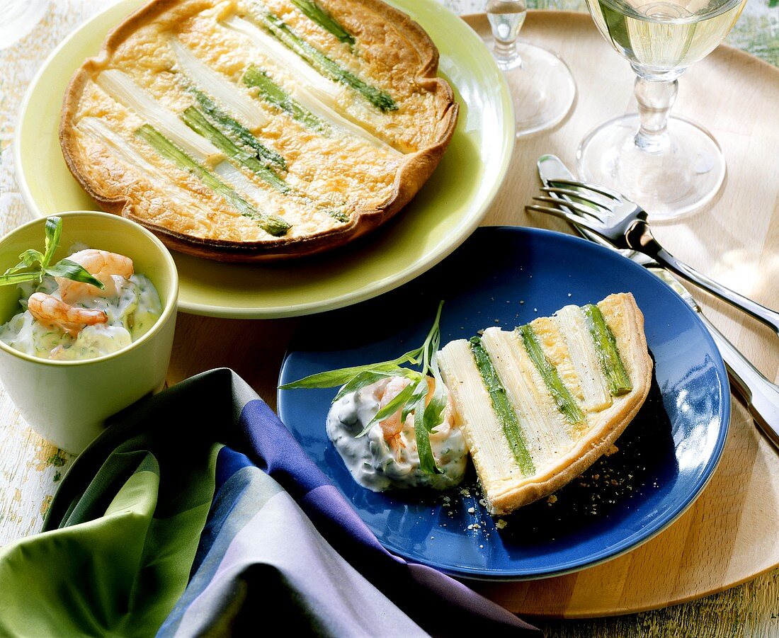 Asparagus quiche with puff pastry, with shrimp dip