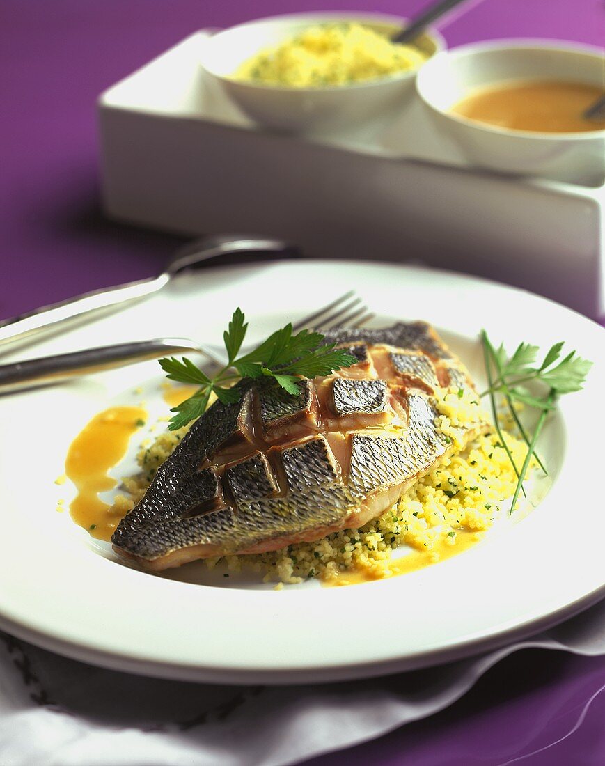 Loup de Mer (sea perch) on herb couscous