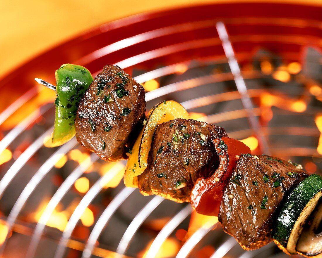 Beef and vegetable kebab on the grill