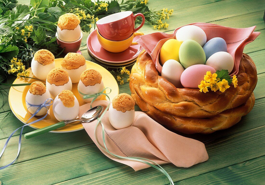 Bread Easter basket and sponge cake in egg shells