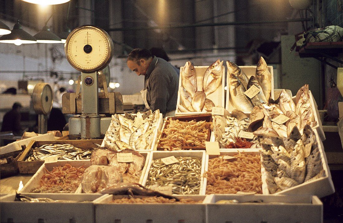 Fish in crates at Italian fish market