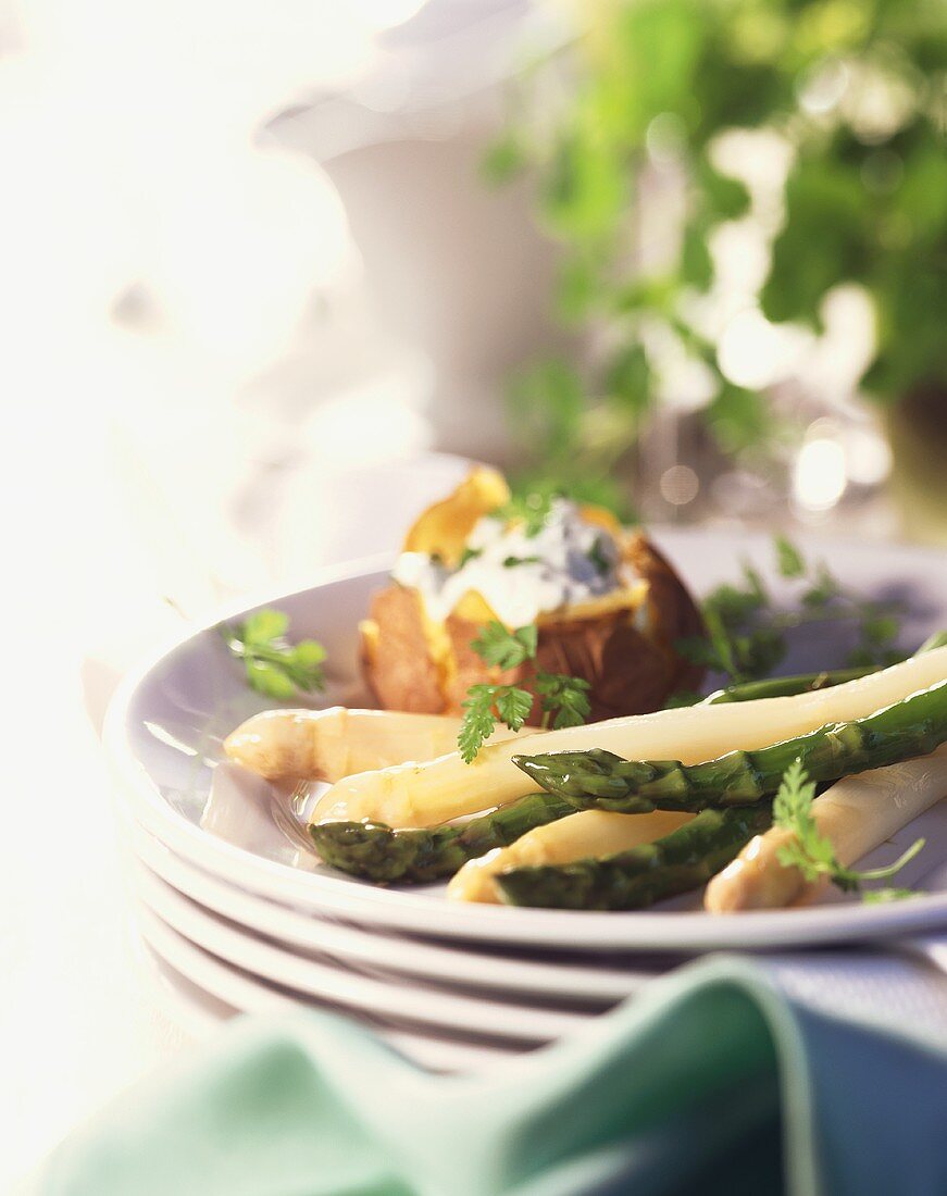 Green & white asparagus with baked potato & quark