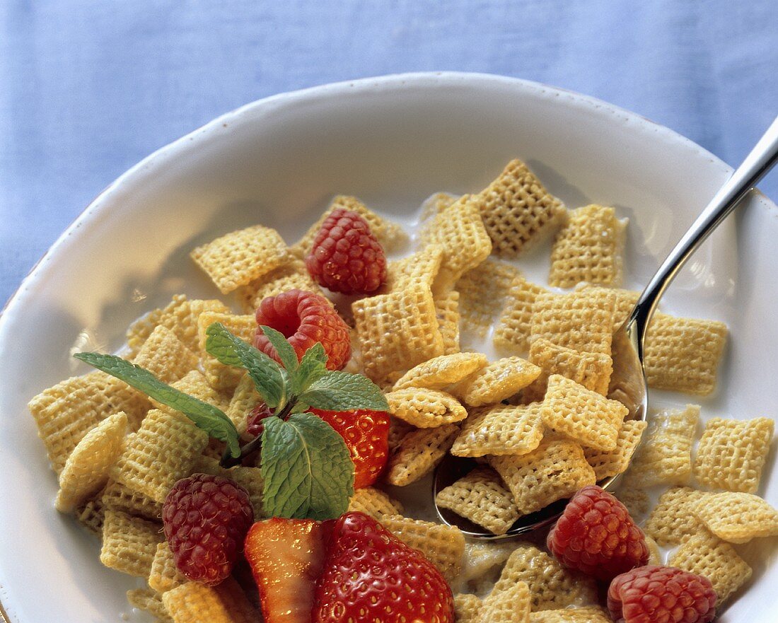 Eine Schüssel mit Knusper-Flakes, Erdbeeren & Himbeeren