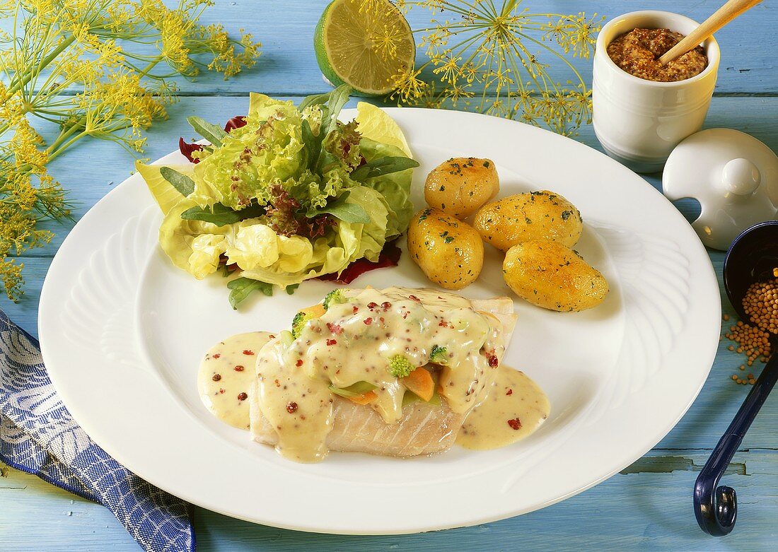 Cod fillet with mustard & pepper sauce, potatoes & salad
