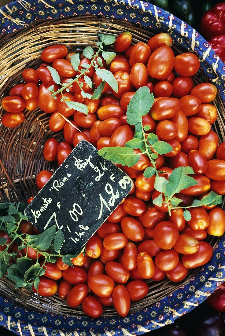 Tomatoes in a basket at French market