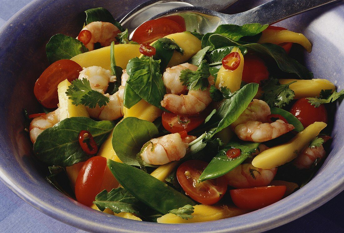 Vegetable salad with mangos and shrimps