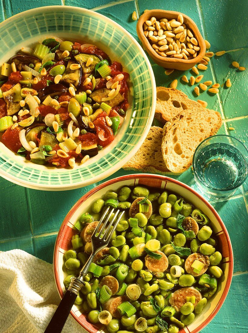 Caponata & Fave e salsiccia (marinated vegetables & stew)