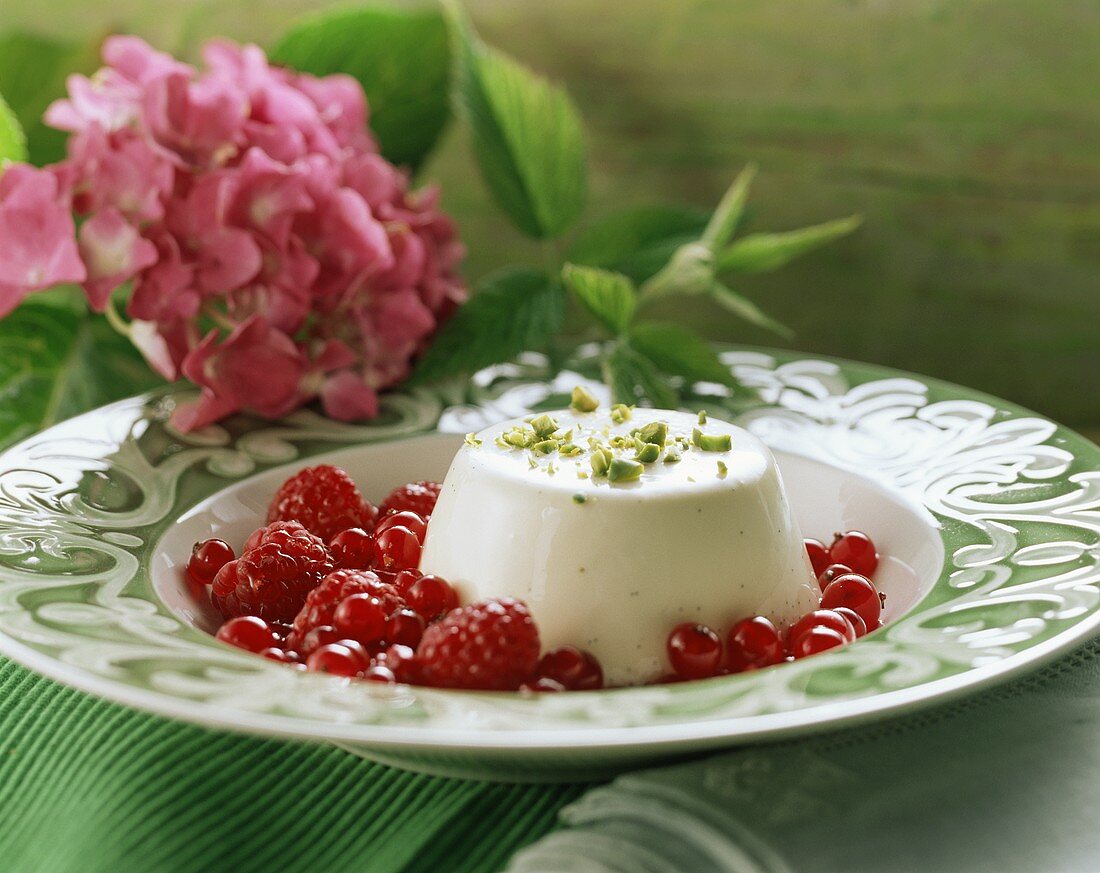 Panna cotta with redcurrant and raspberry salad