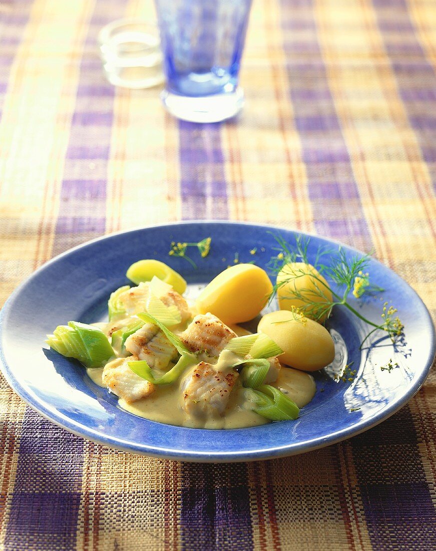 Ragout of coley fillet with potatoes & mustard sauce
