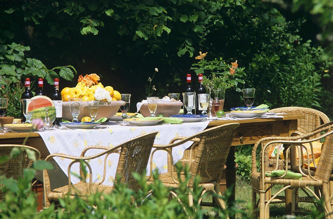 Laid table with wine and fruit in garden with cane chairs