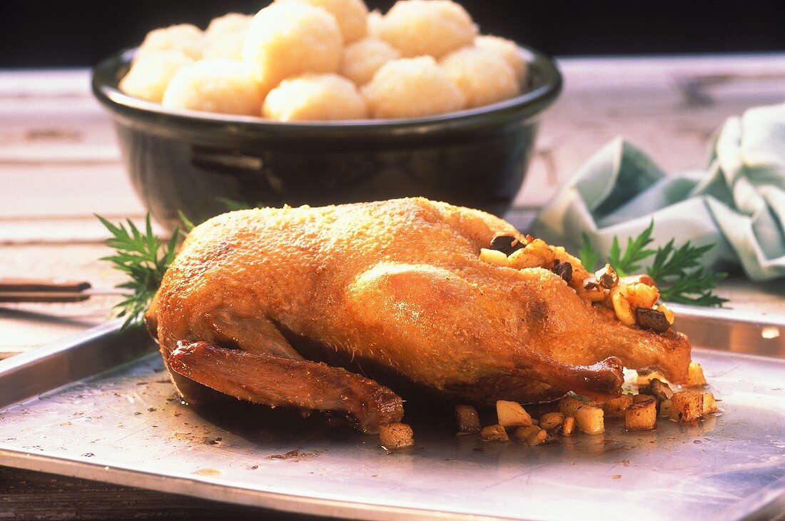 Stuffed duck on baking sheet, with potato dumplings behind