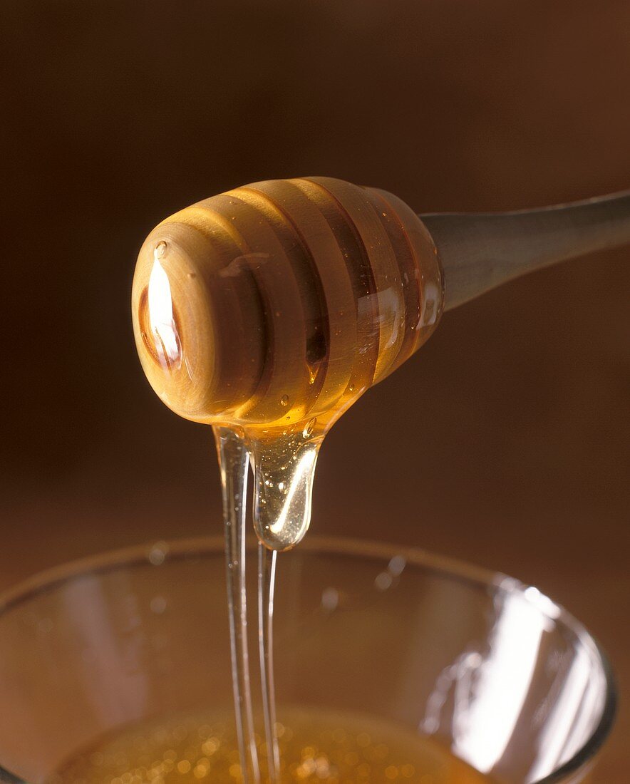 Honig fliesst vom Honiglöffel in ein Glasschälchen