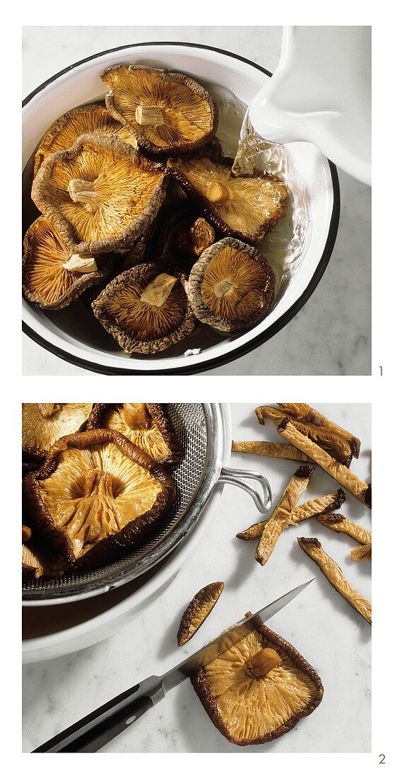 Soaking dried oyster mushrooms and cutting into them strips 