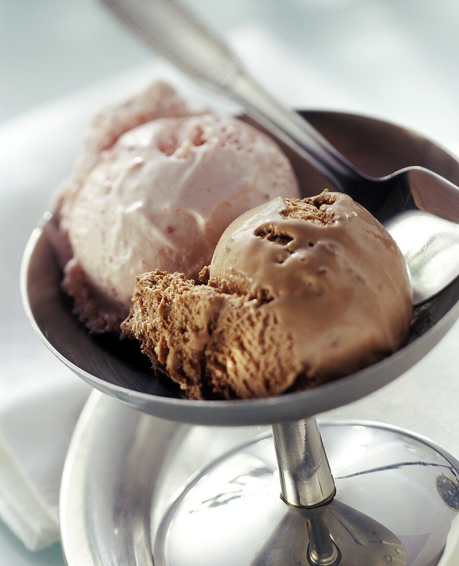 Eisbecher mit Schokoeis- und Erdbeereiskugel