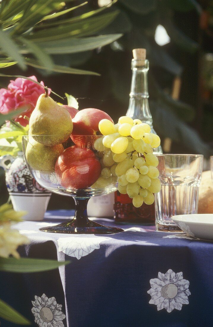 Schale mit Obst & Trauben auf sommerlichem Gartentisch