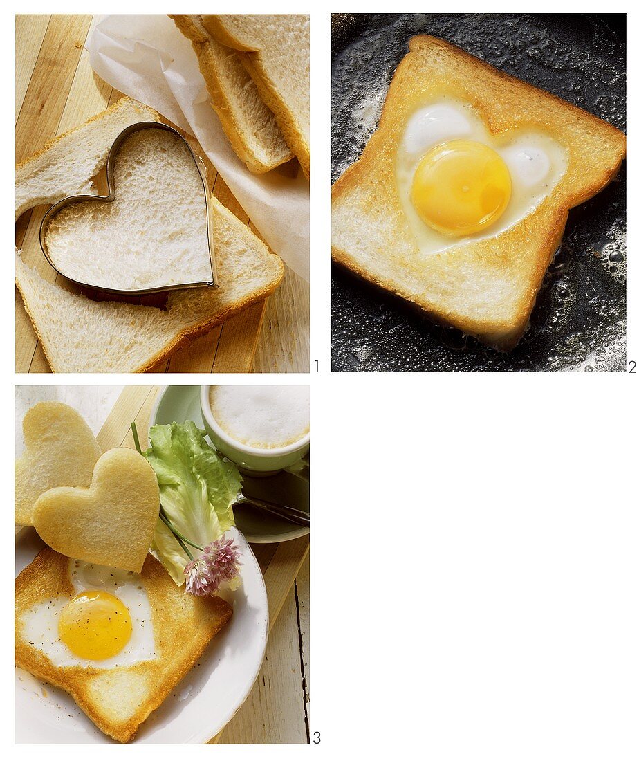 Making heart-shaped fried egg on toast