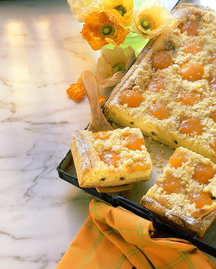 Apricot cheesecake with butter crumble
