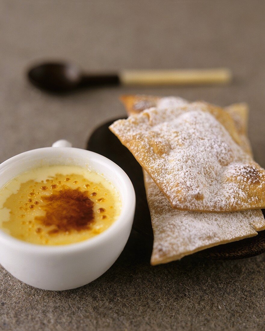 Crème brulee and deep-fried pastries