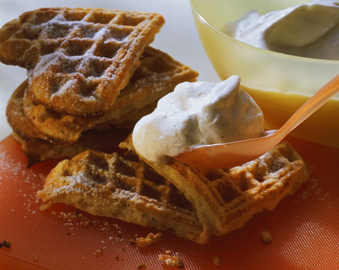 Banana waffles with vanilla cream