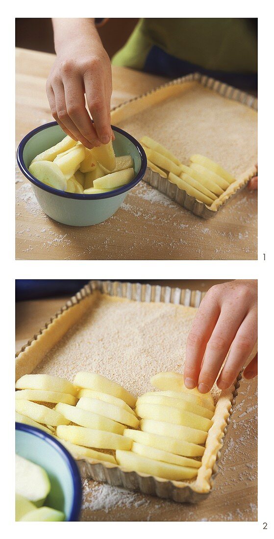Covering sheet cake with apples