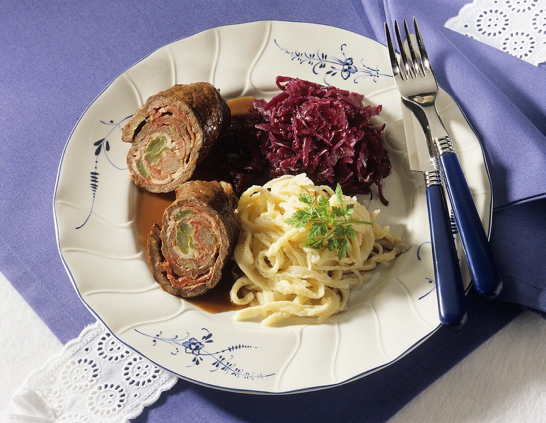 Beef roulade with home-made noodles (spaetzle) & red cabbage