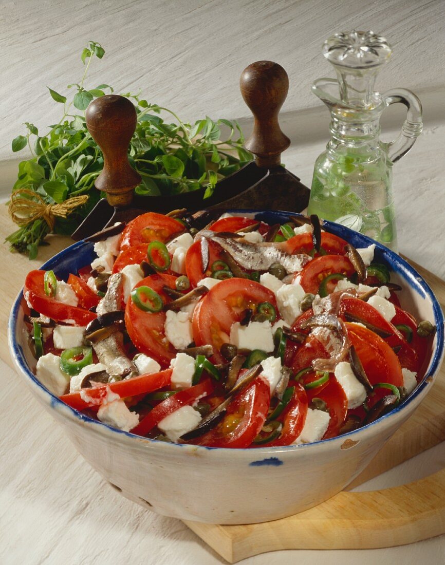 Tomato salad, peasant style with sheep's cheese & anchovies