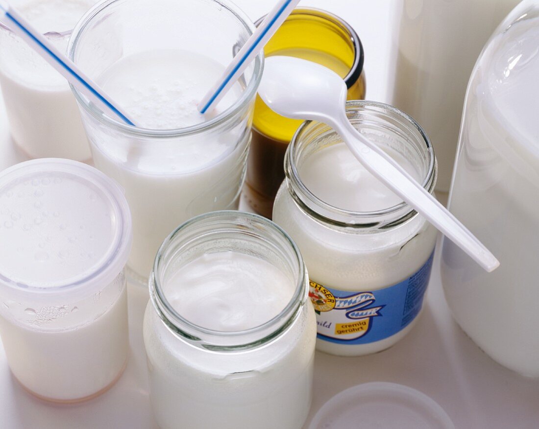 Several types of yoghurt in jars