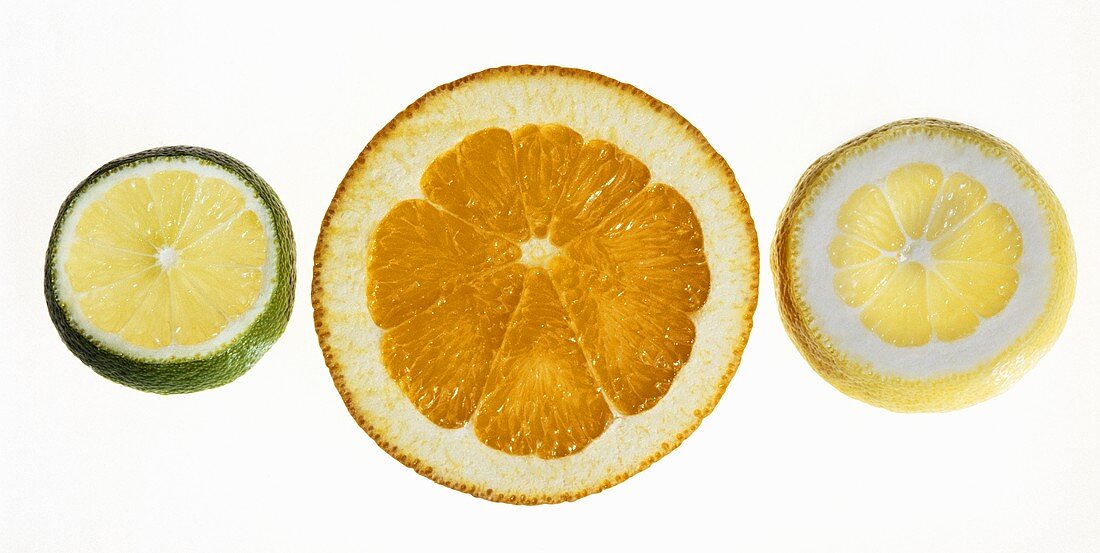 Slices of orange, lemon and lime on sheet of glass
