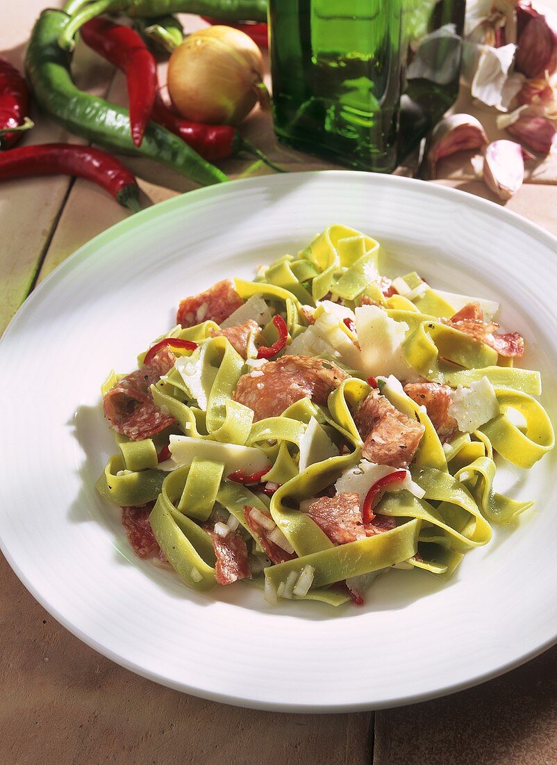Finocchiona (salami salad with green ribbon pasta, Italy)