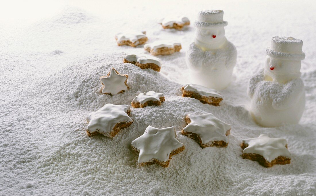 Cinnamon stars lying on icing sugar mountain