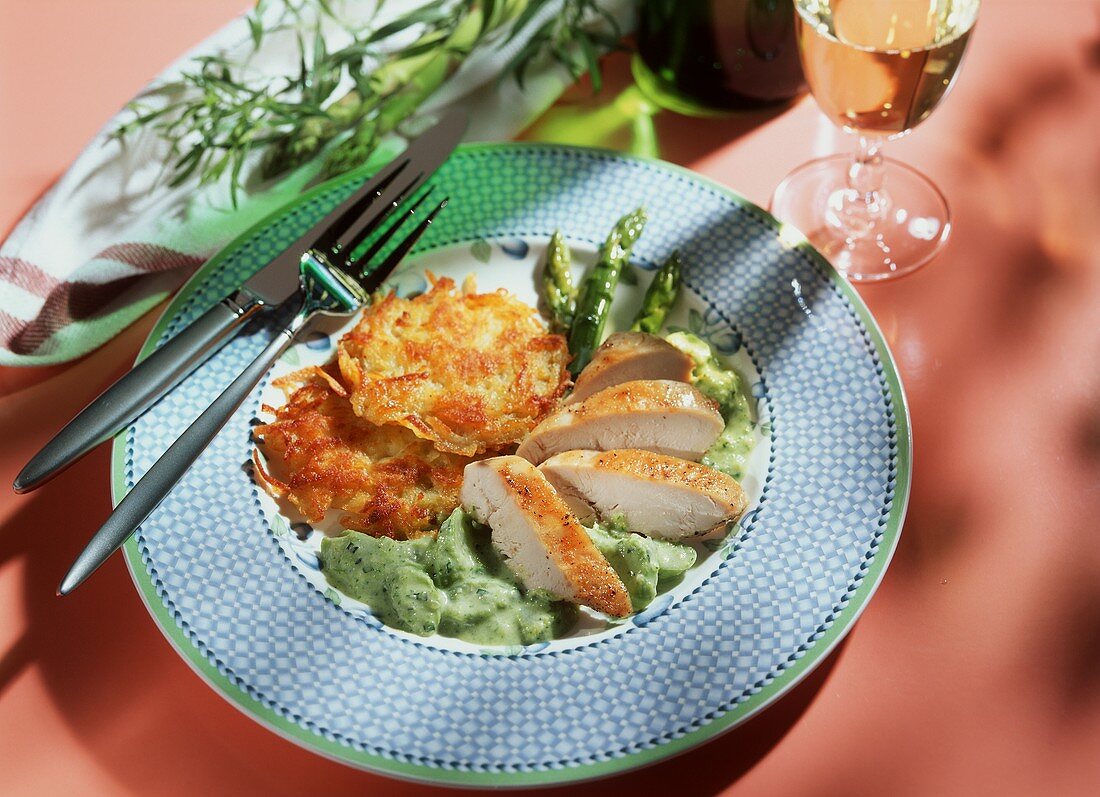 Chicken breast fillets in asparagus sauce with rosti