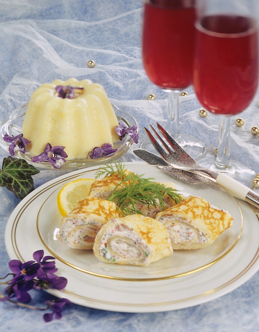 Crepe rolls with caviare & cheese stuffing, vanilla blancmange