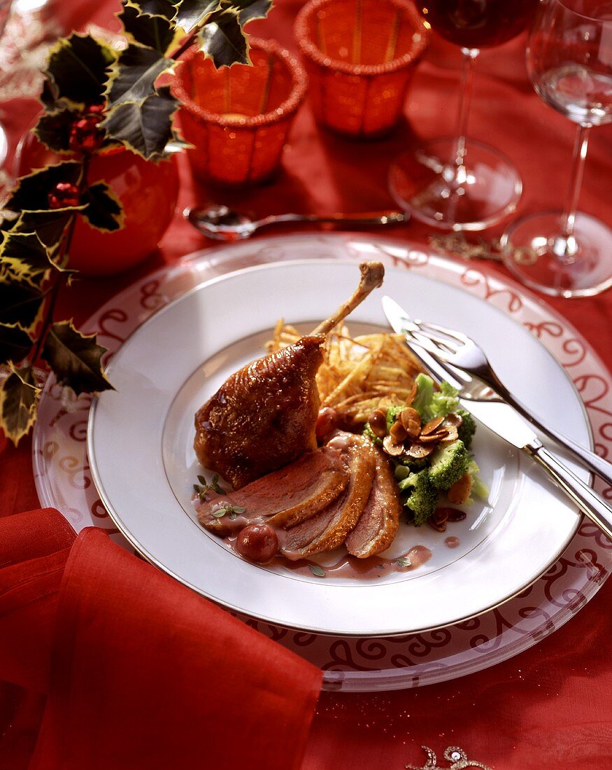 Ente in Kirsch-Honig-Sauce, dazu Mandel-Brokkoli & Rösti