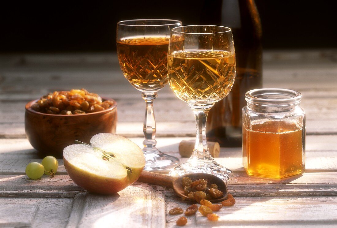 Home-made honey wine (mead) with ingredients