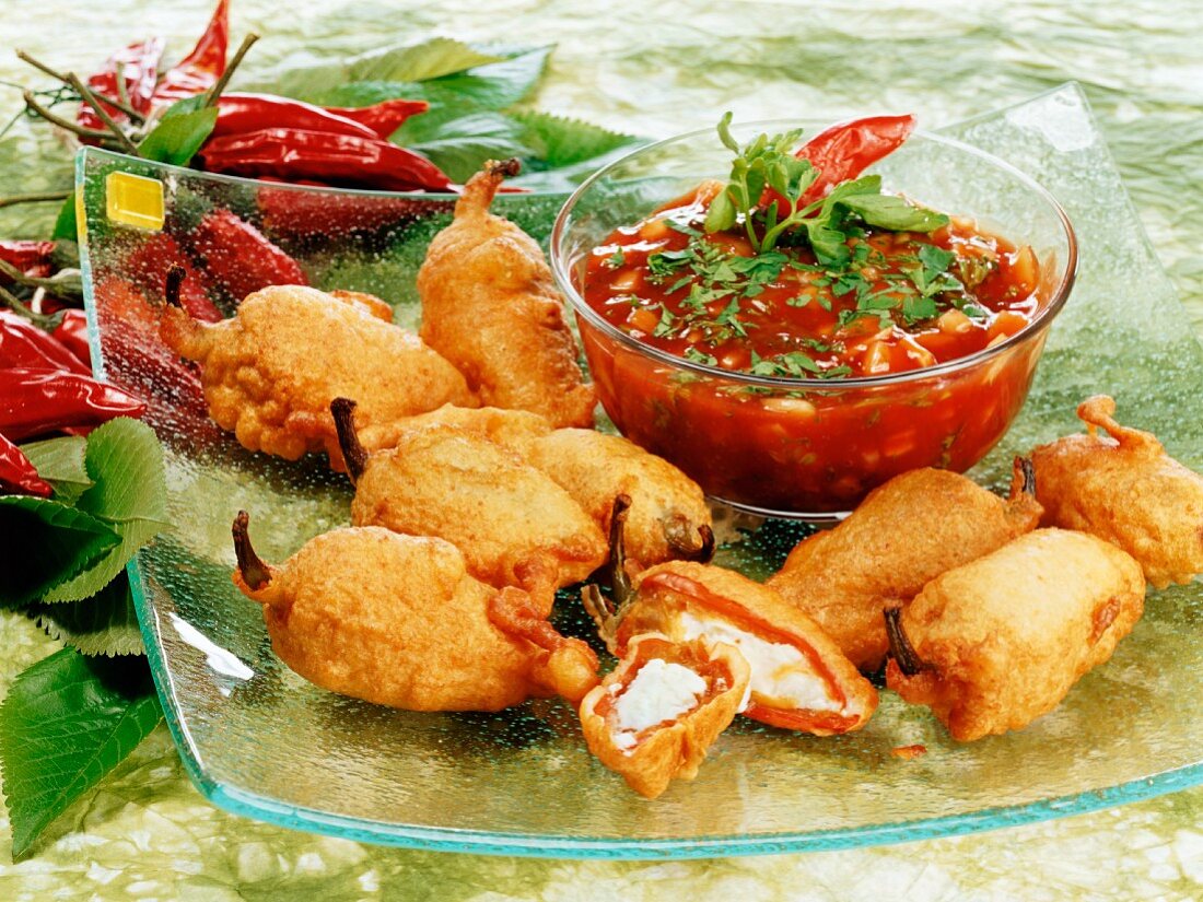 Chili stuffed with cheese in tempura batter, onion ketchup