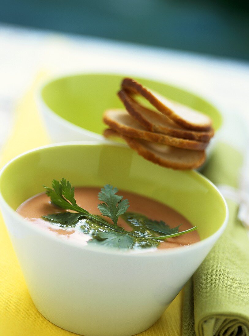 Gekühlte Kichererbsen-Tomaten-Suppe mit Koriander